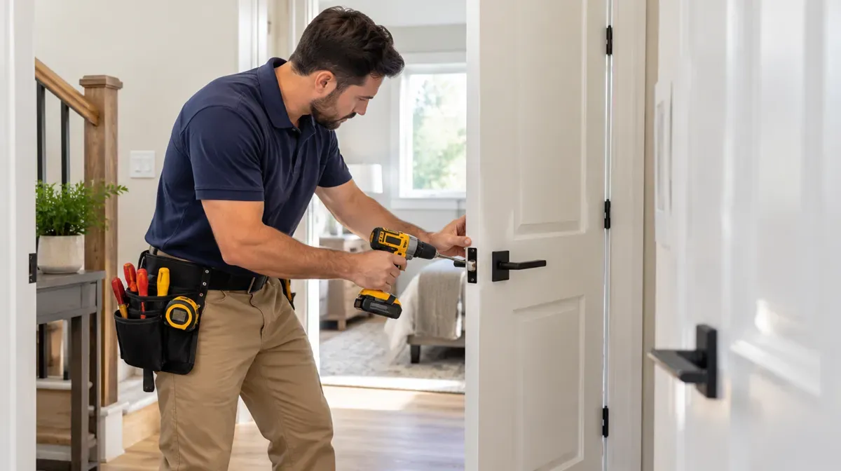 Handyman repairing a white interior door handle and latch in Delano, CA.
