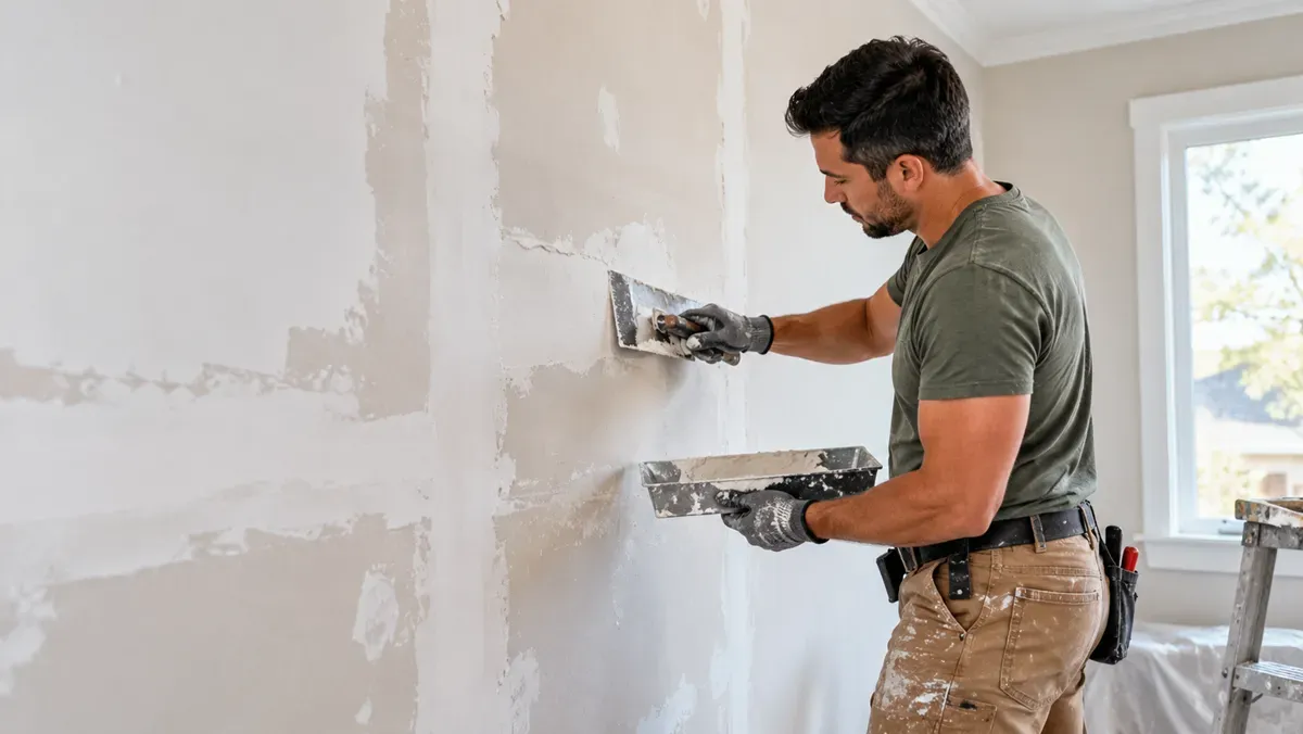Handyman smoothing joint compound over damaged drywall in a Delano, CA home.