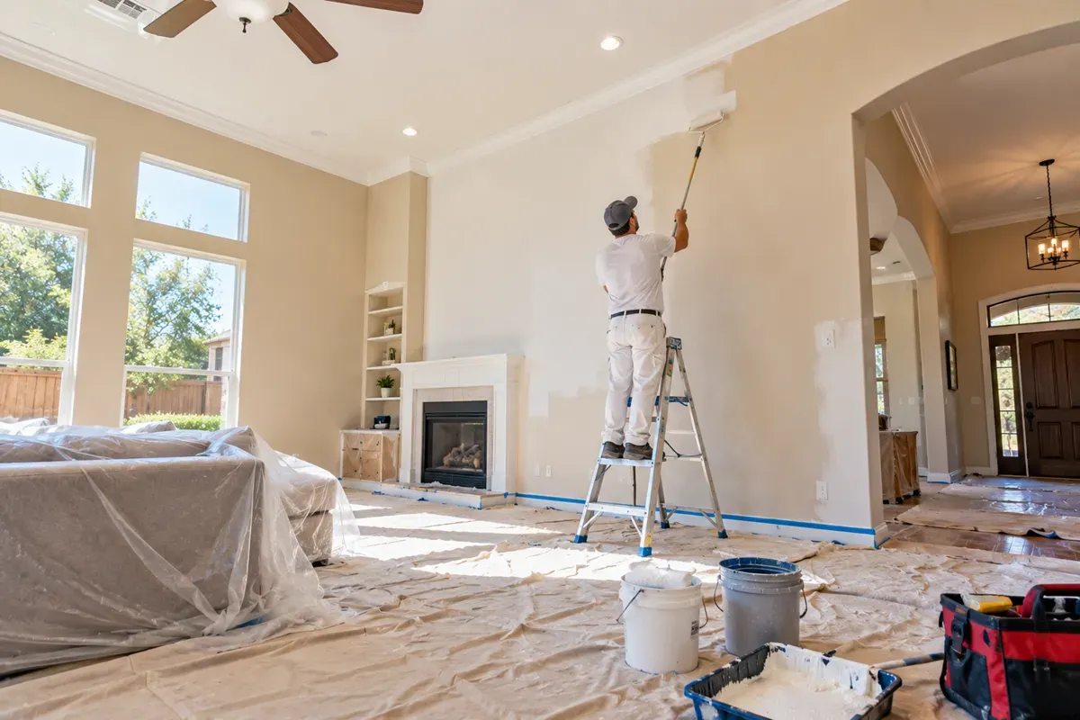 Handyman repainting a spacious living room in Delano, CA.