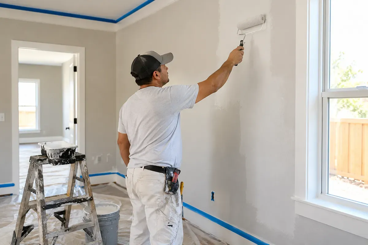 Handyman painting an interior wall in a Delano, CA home.