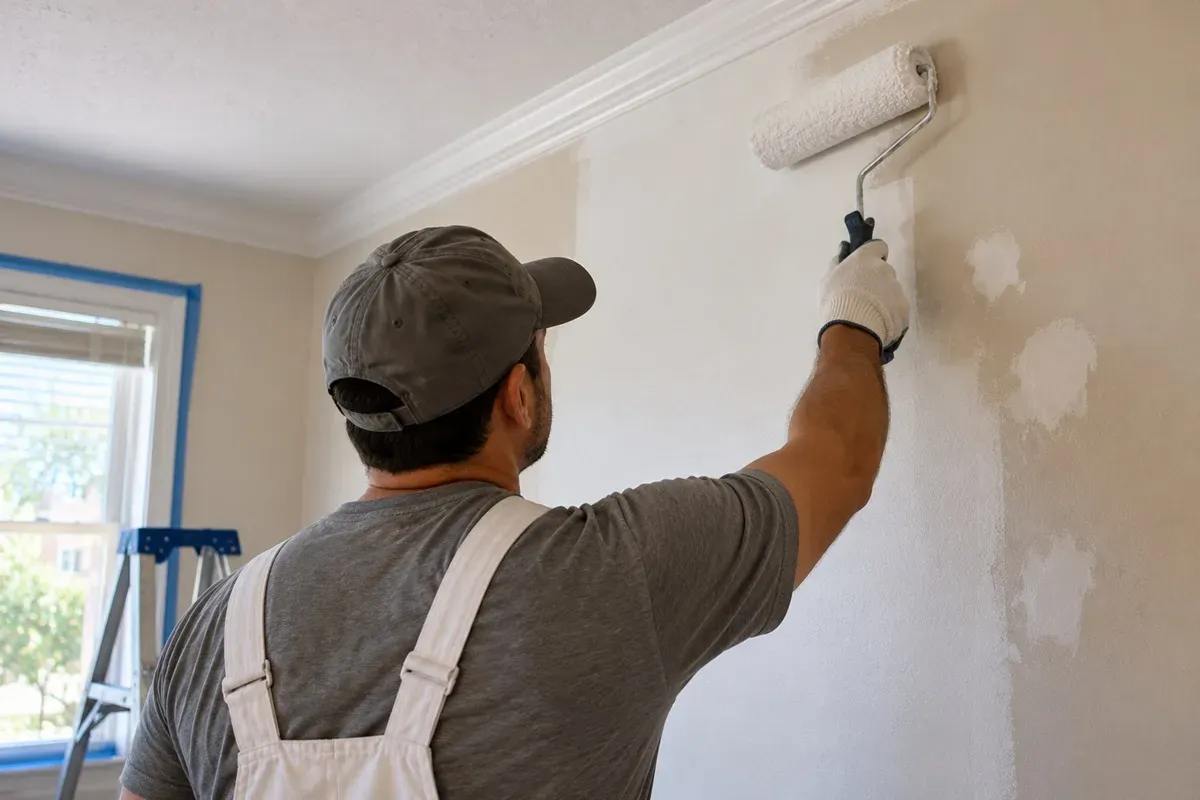 Handyman repainting a patched interior wall in a Delano, CA home.
