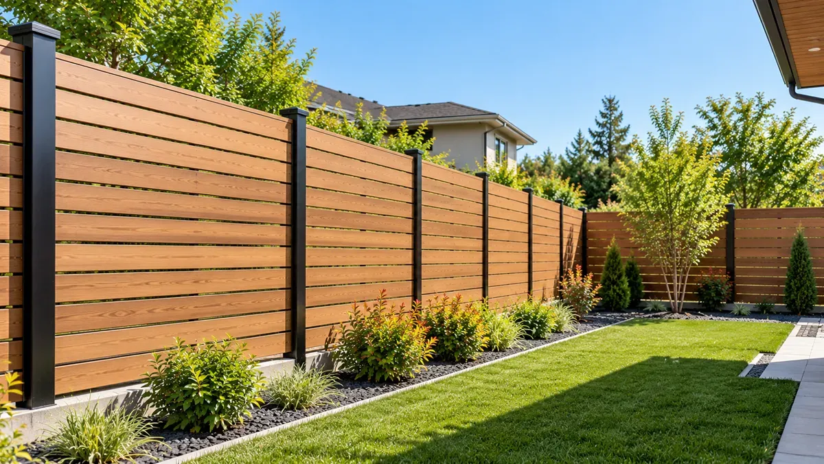 Completed modern horizontal wood privacy fence with black posts in a Delano, CA backyard.