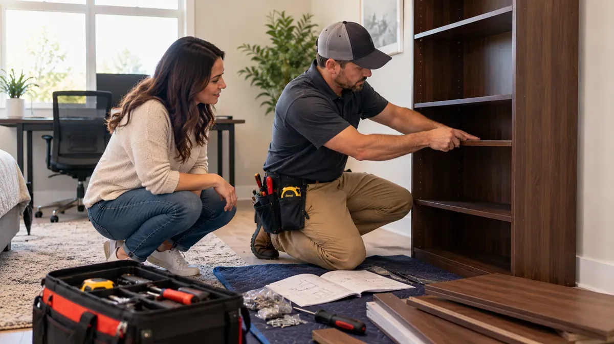 Handyman assembling a wooden bookcase with a homeowner in a Delano, CA home.
