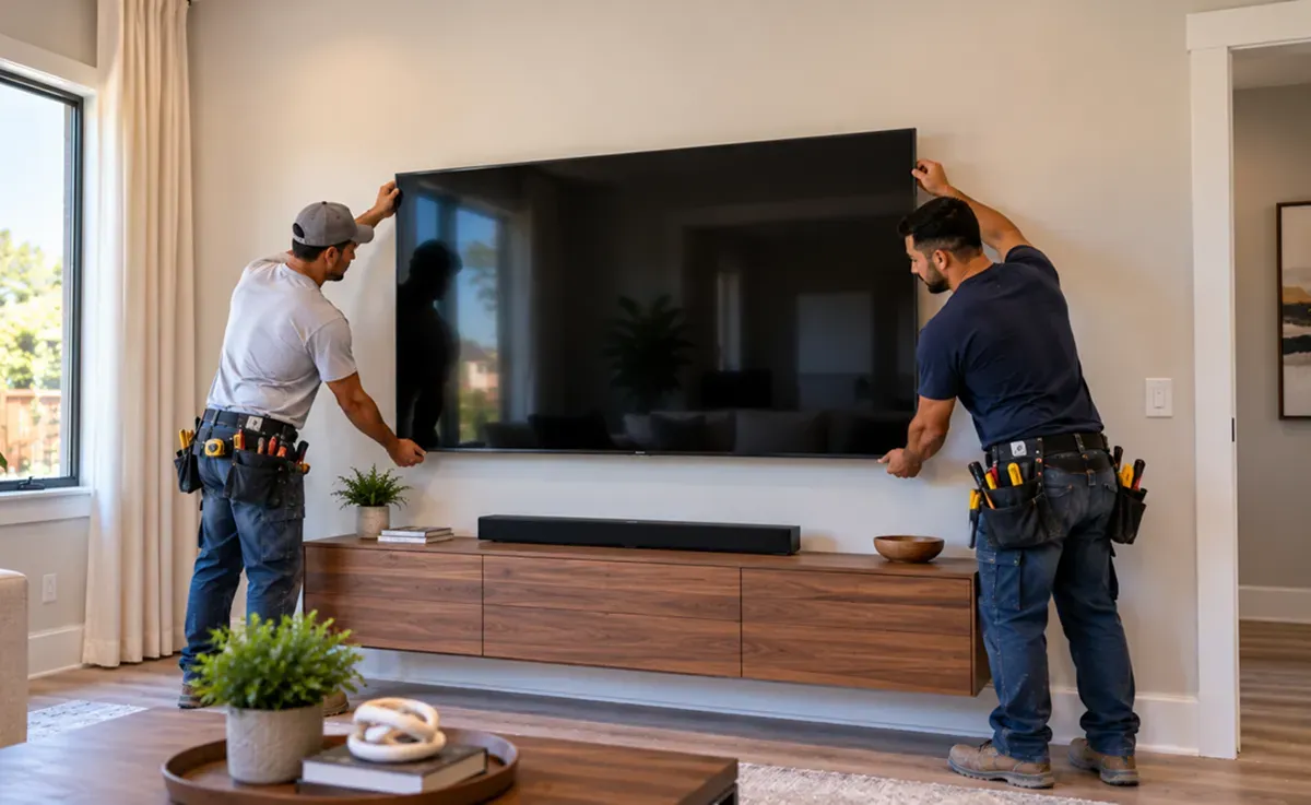Handymen positioning a large flat-screen TV on a living room wall in Delano, CA.