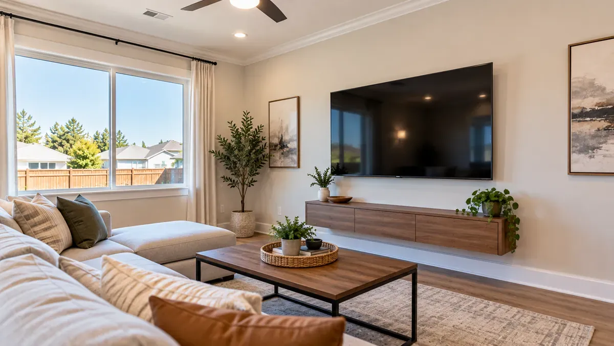 Wall-mounted flat-screen TV in a modern Delano, CA living room.