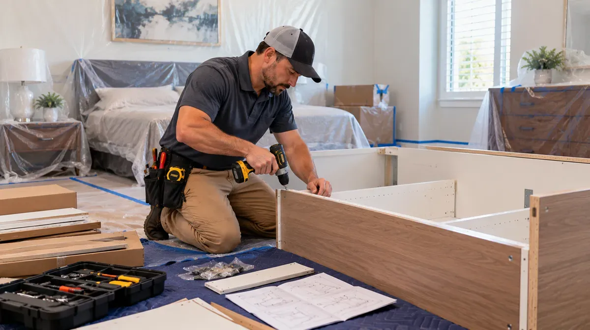 Handyman assembling flat-pack furniture in a plastic-protected room in Delano, CA.
