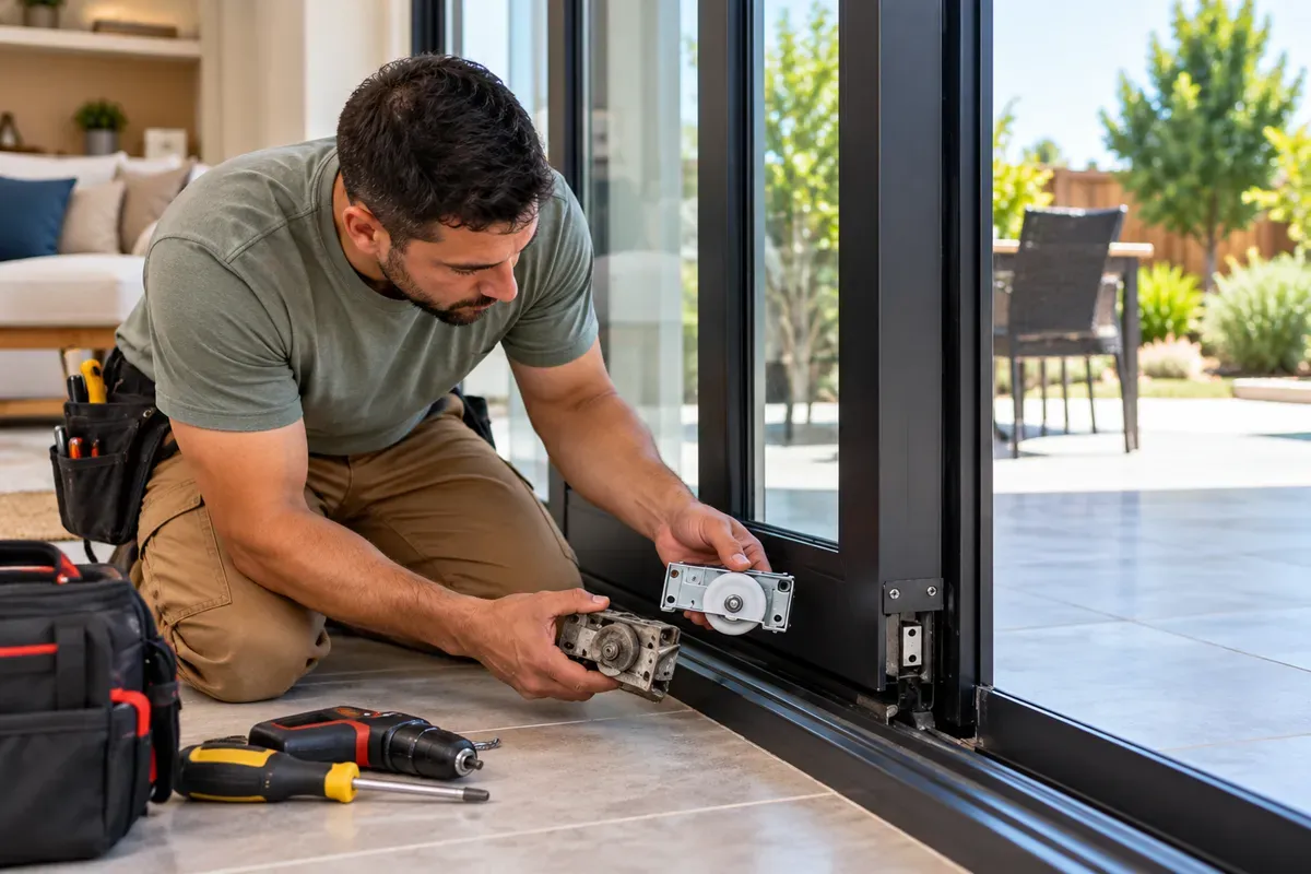 Handyman replacing a sliding glass door roller in Delano, CA.
