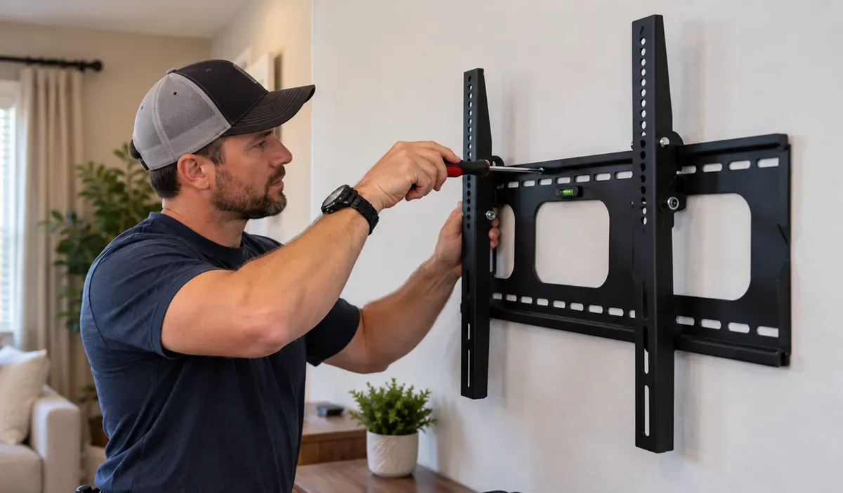 Handyman securing a TV wall mount bracket with a screwdriver in a Delano, CA home.