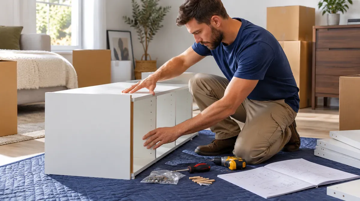 Handyman assembling a white storage cabinet in a Delano, CA home.
