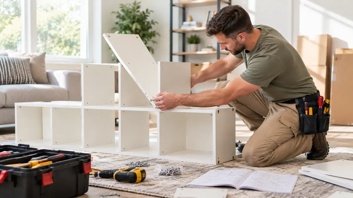 Handyman assembling a white cube storage shelf in a Delano, CA home.
