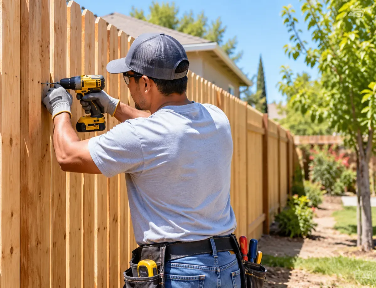 Handyman securing a wooden fence plank with a cordless drill in Delano, CA.