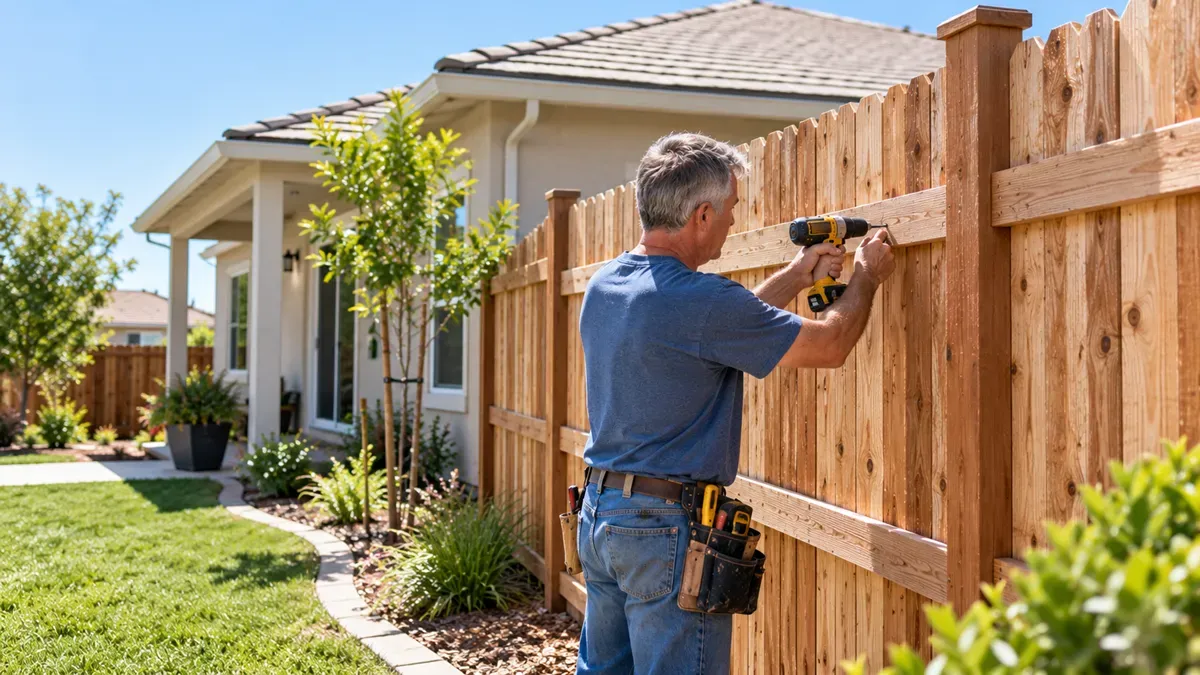 Handyman repairing a wooden privacy fence at a Delano, CA home.