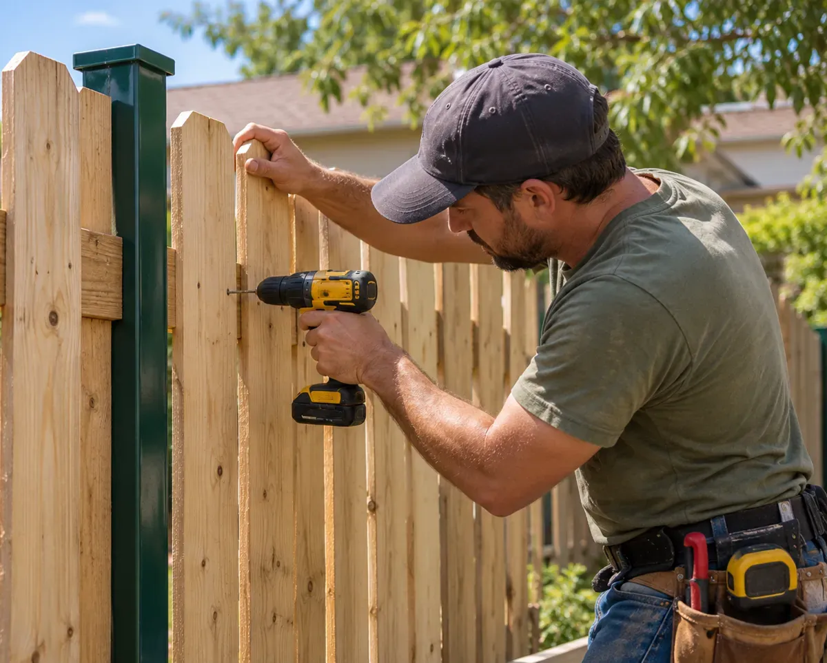 Handyman securing a wooden fence picket with a cordless drill in Delano, CA.