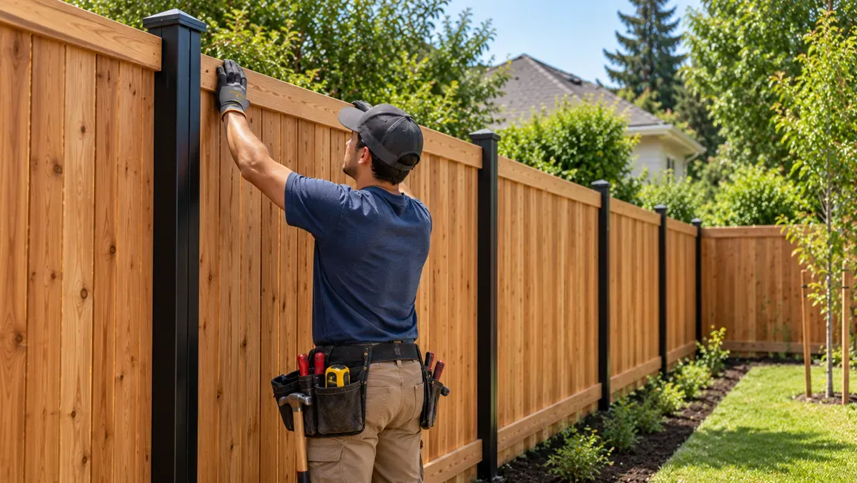 Handyman aligning cedar fence boards along a backyard privacy fence in Delano, CA.