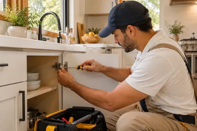 Handyman repairing a loose kitchen cabinet hinge in Delano, CA
