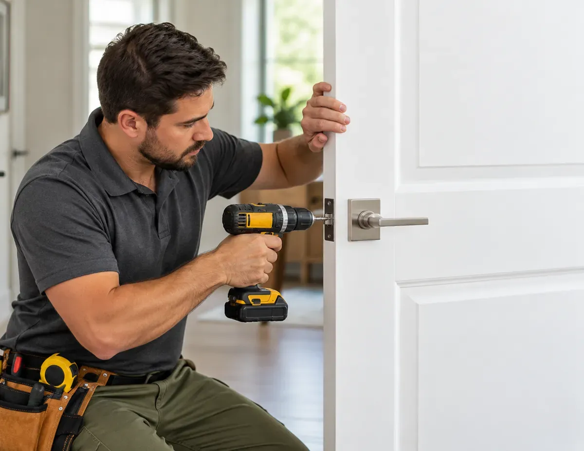 Handyman securing a door lock during a door repair in Bakersfield, CA.