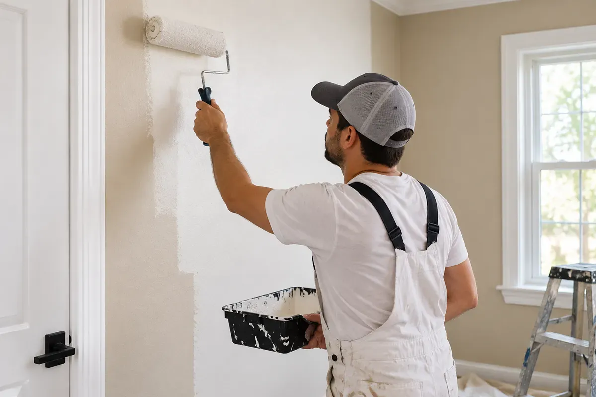 Painter applying a fresh coat of paint to an interior wall in Tulare, CA.