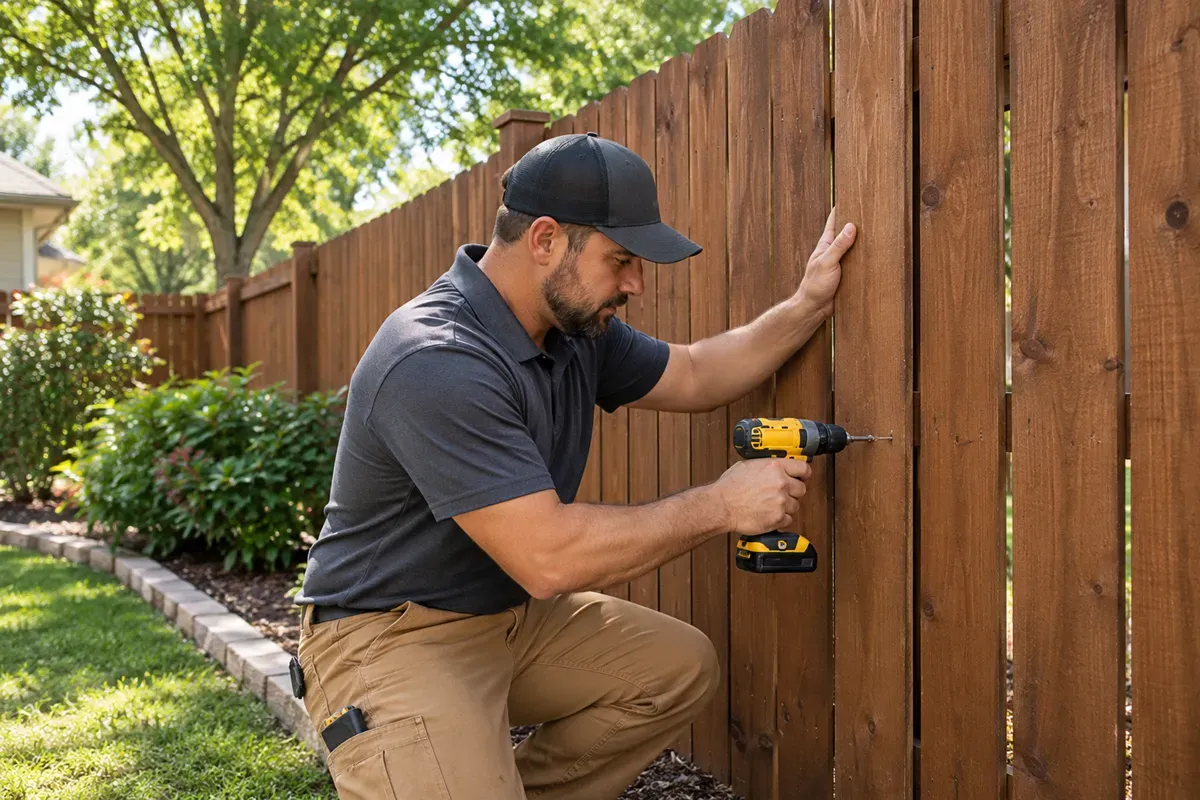 Contractor securing a wooden fence board during a repair in Visalia, CA.
