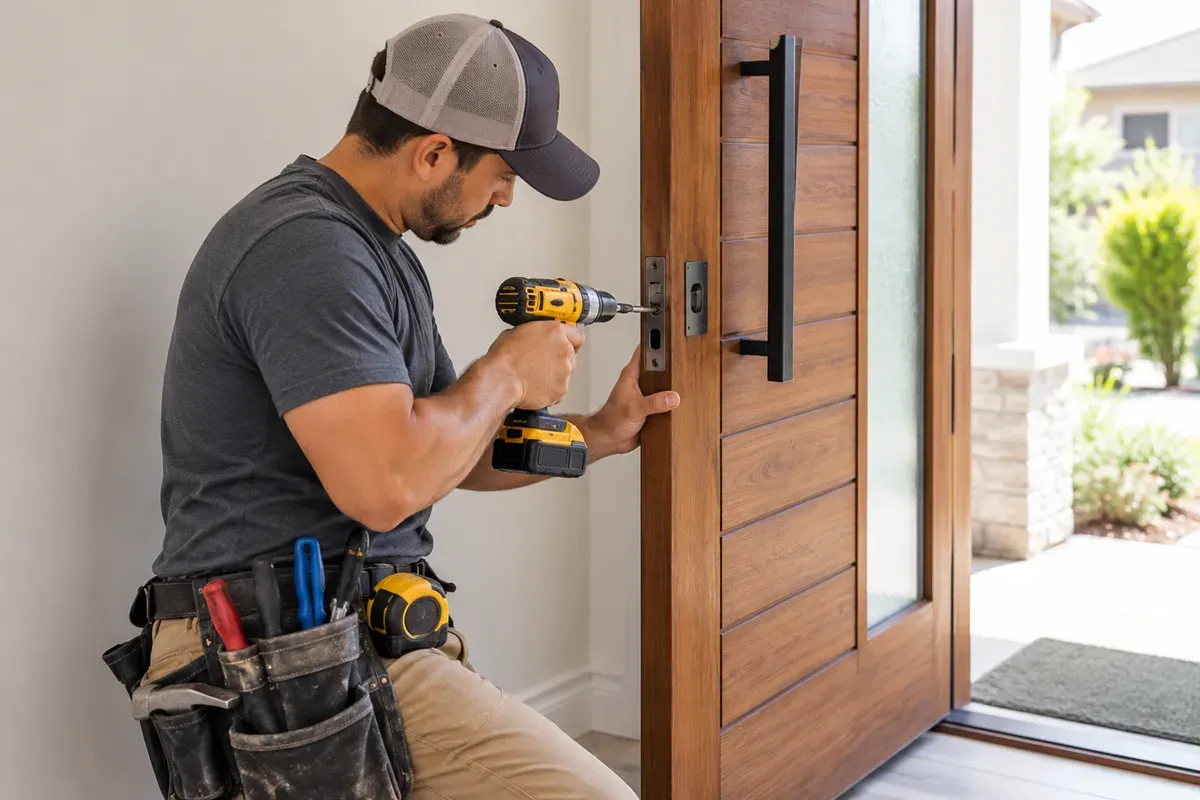 Handyman repairing the lock mechanism on a wooden front door in Tulare, CA.