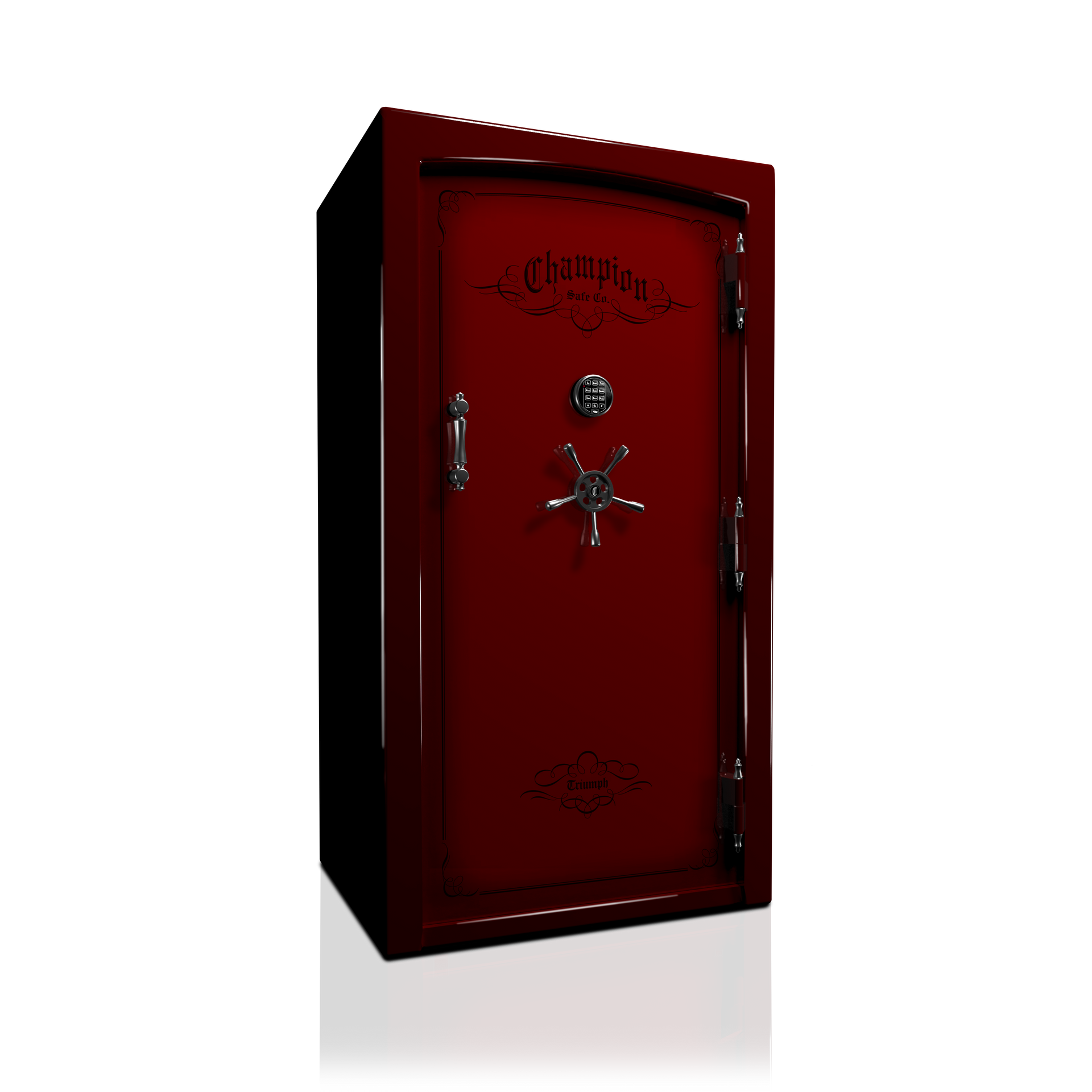 Red safe with a silver handle, dial, and hinges.