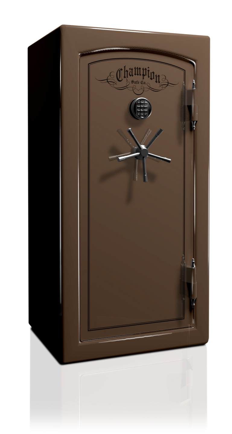 Brown gun safe with a dial and large handle.