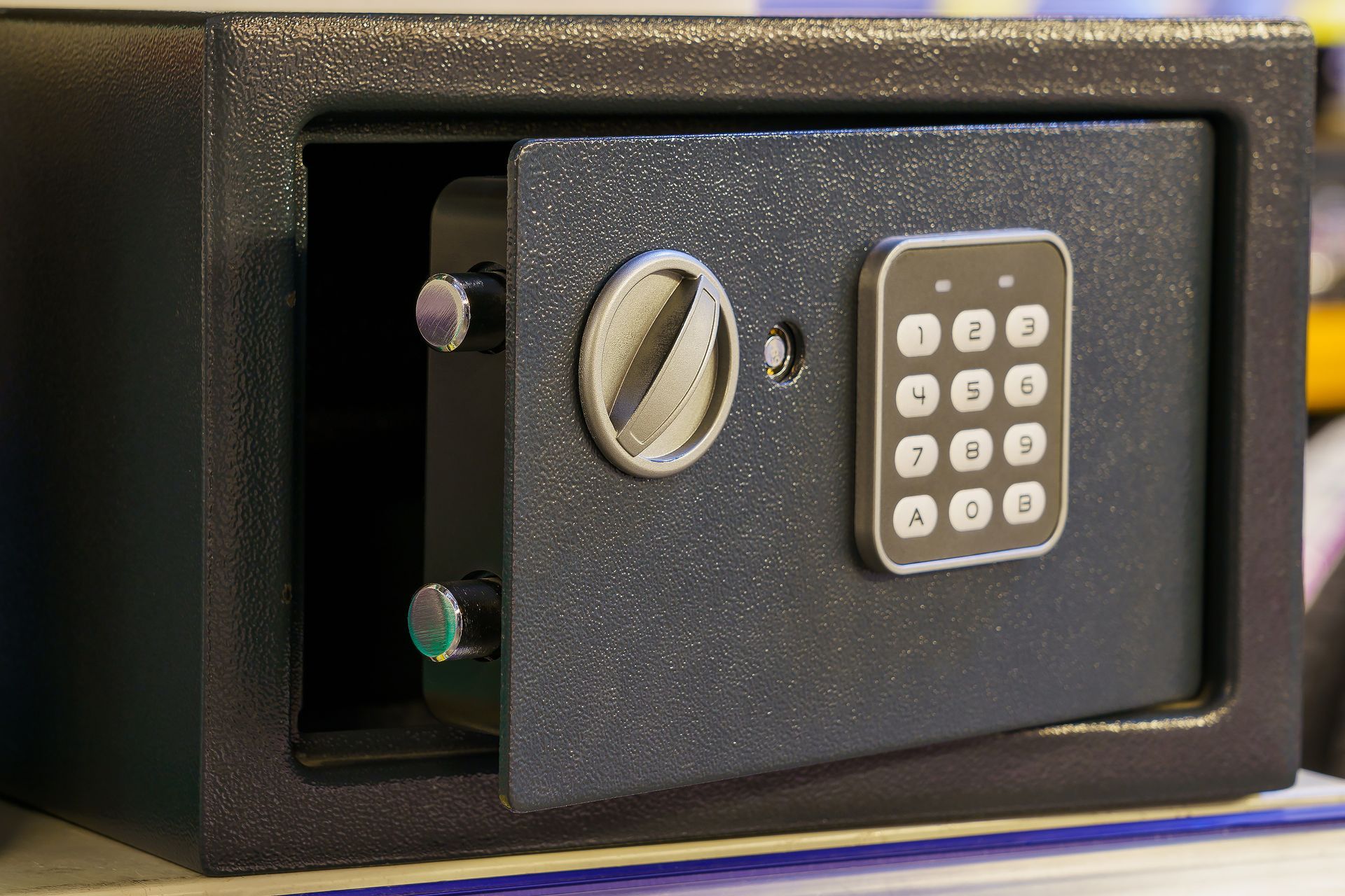 An open safe. An open safe.