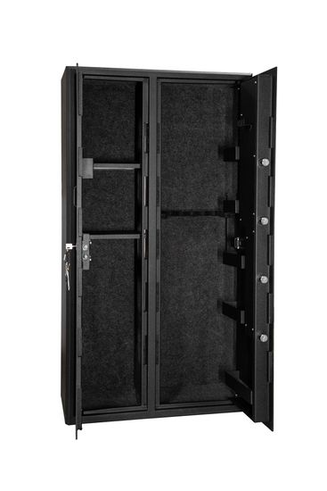 A black metal safe with two doors for weapons. A black metal safe with two doors for weapons.