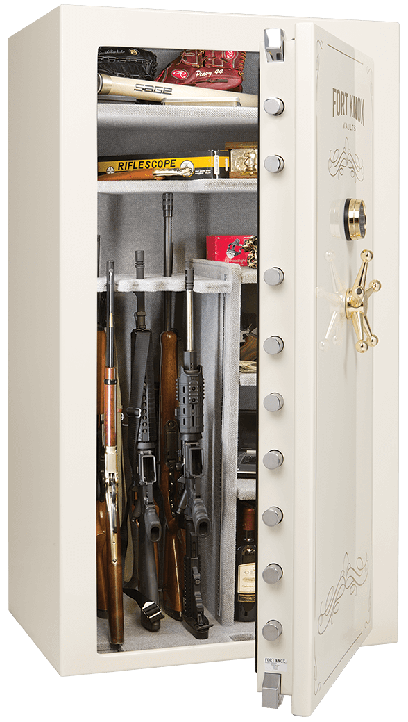 Open, white gun safe filled with rifles and shelves holding various items. The door is ajar, showcasing the contents.
