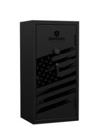 Black Browning gun safe with a faded American flag design on the door. The Browning logo is above the dial.