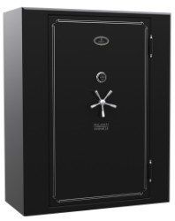 Black safe with a silver handle, dial, and logo on a solid black door.