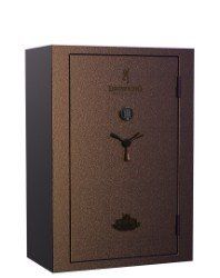 Brown, textured Browning gun safe with a combination dial and handle, likely for firearm storage.