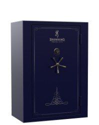 A dark blue Browning ProSteel gun safe with a combination dial and spoke handle.