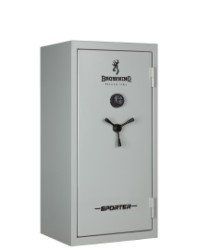 A gray Browning Sporter gun safe with a black dial and handle, set against a white background.