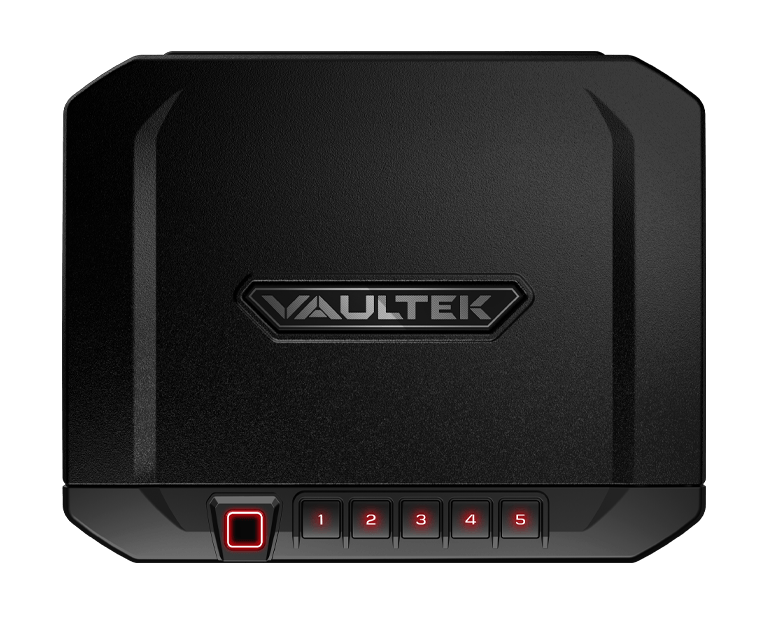 Black Vaulttek biometric safe with a fingerprint scanner and keypad with red backlit buttons.