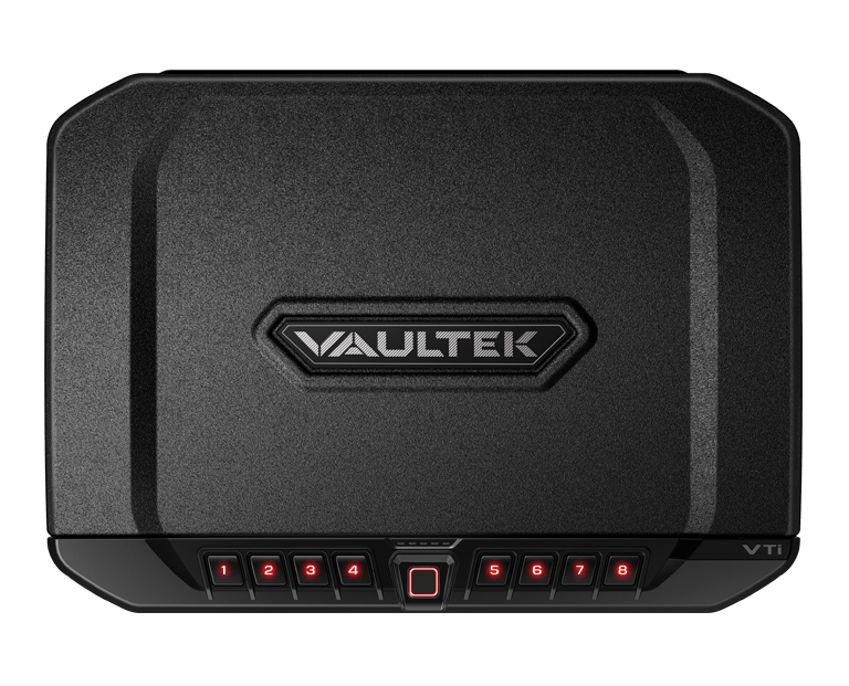 Black Vaulttek VTi biometric handgun safe with keypad and fingerprint scanner.