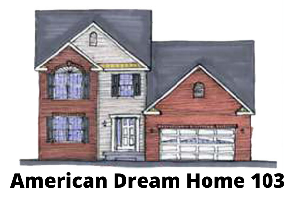 A drawing of a house with the words `` american dream home 103 '' below it.