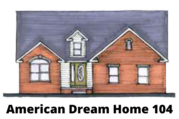A drawing of a brick house with a blue roof.