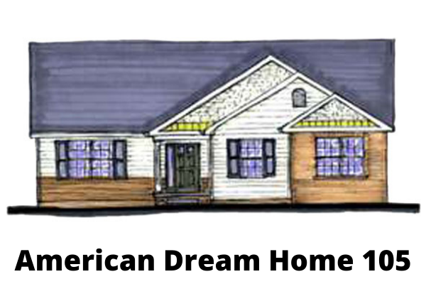 A drawing of an american dream home with a blue roof.