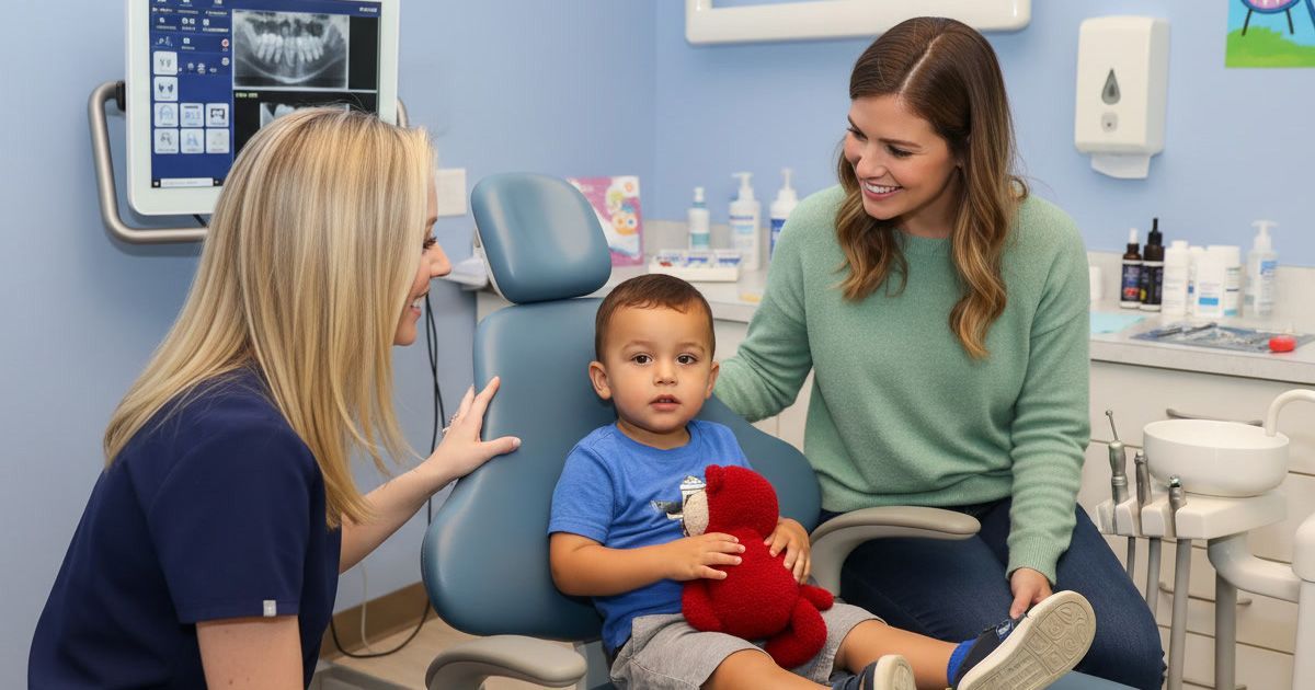 Dr. Kristi Parker talking with a toddler and parent during a first visit at Park Dentistry for Kids in Houston Heights