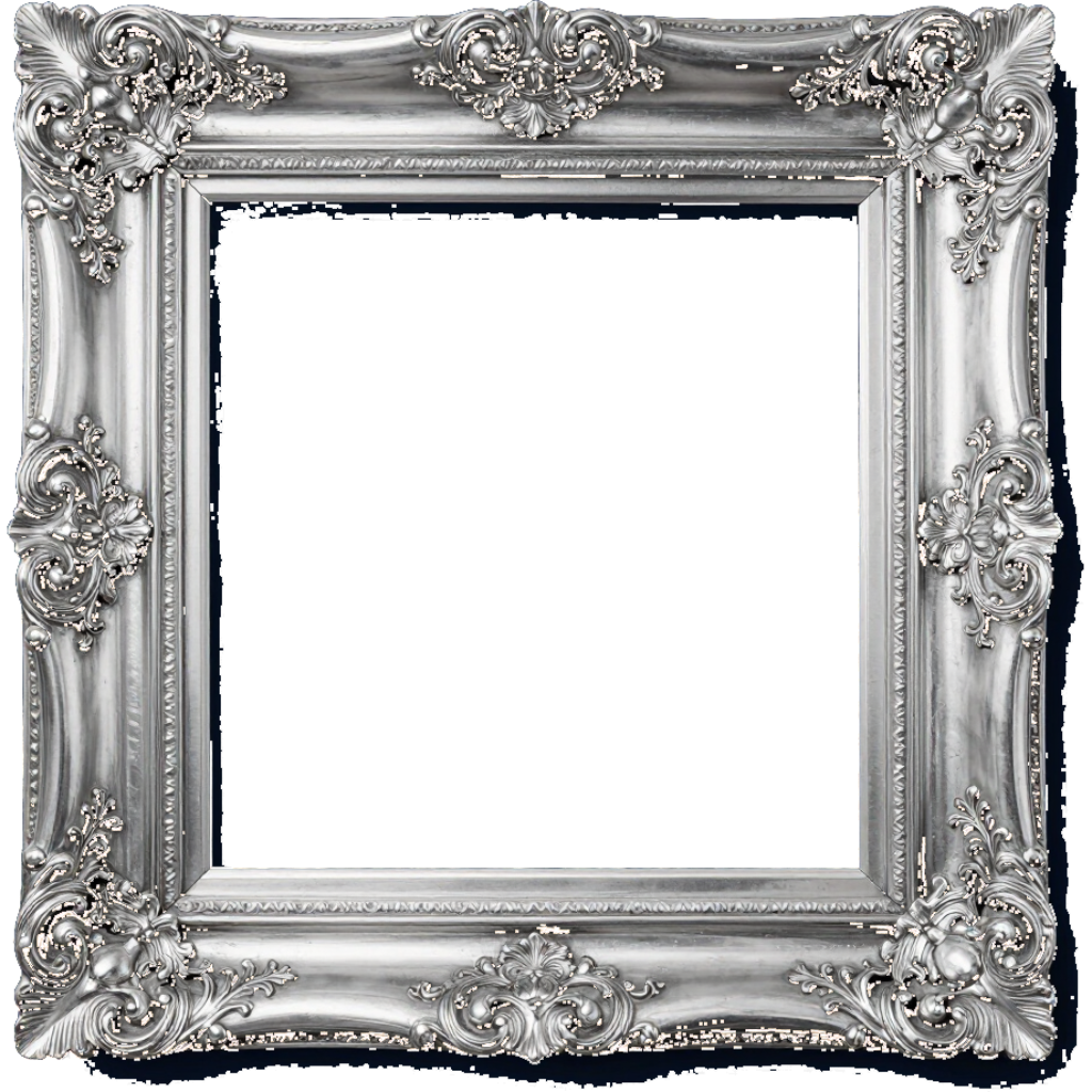 Elegante cornice decorativa in argento con centro bianco vuoto.