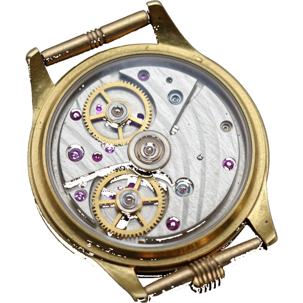 Primo piano del movimento di un orologio da polso in oro con ingranaggi visibili e rubini viola su una platina posteriore in argento.
