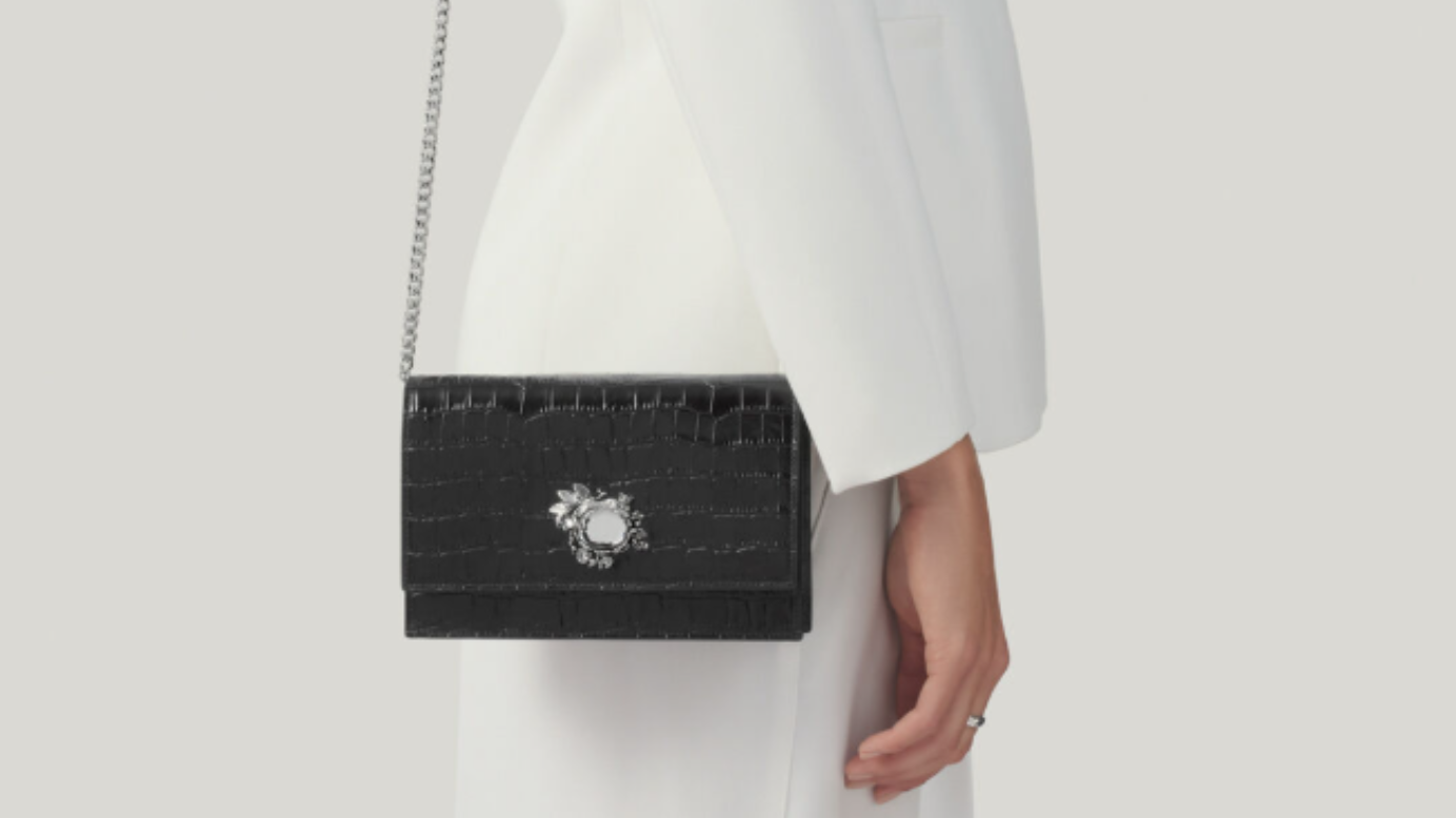 Borsa nera trapuntata con tracolla a catena, sullo sfondo di una persona con cappotto bianco e chiusura gioiello.