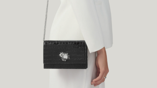 Borsa nera trapuntata con tracolla a catena, sullo sfondo di una persona con cappotto bianco e chiusura gioiello.