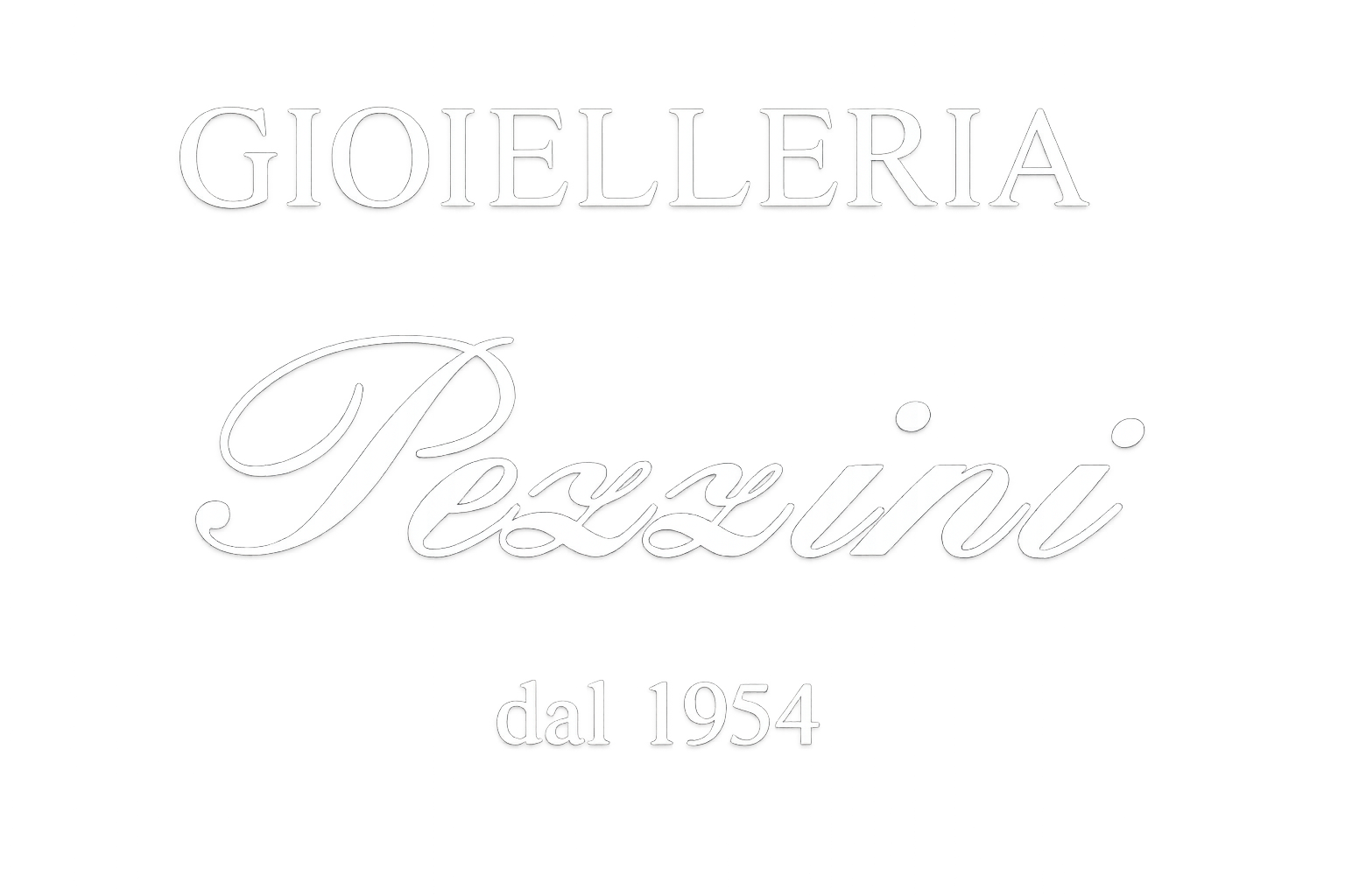 Logo bianco con la scritta “GIOIELLERIA Pezzini dal 1954” in elegante corsivo.