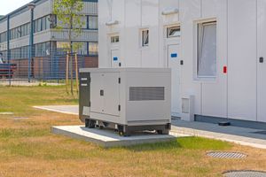 Gray industrial generator beside a white portable building on a grassy site