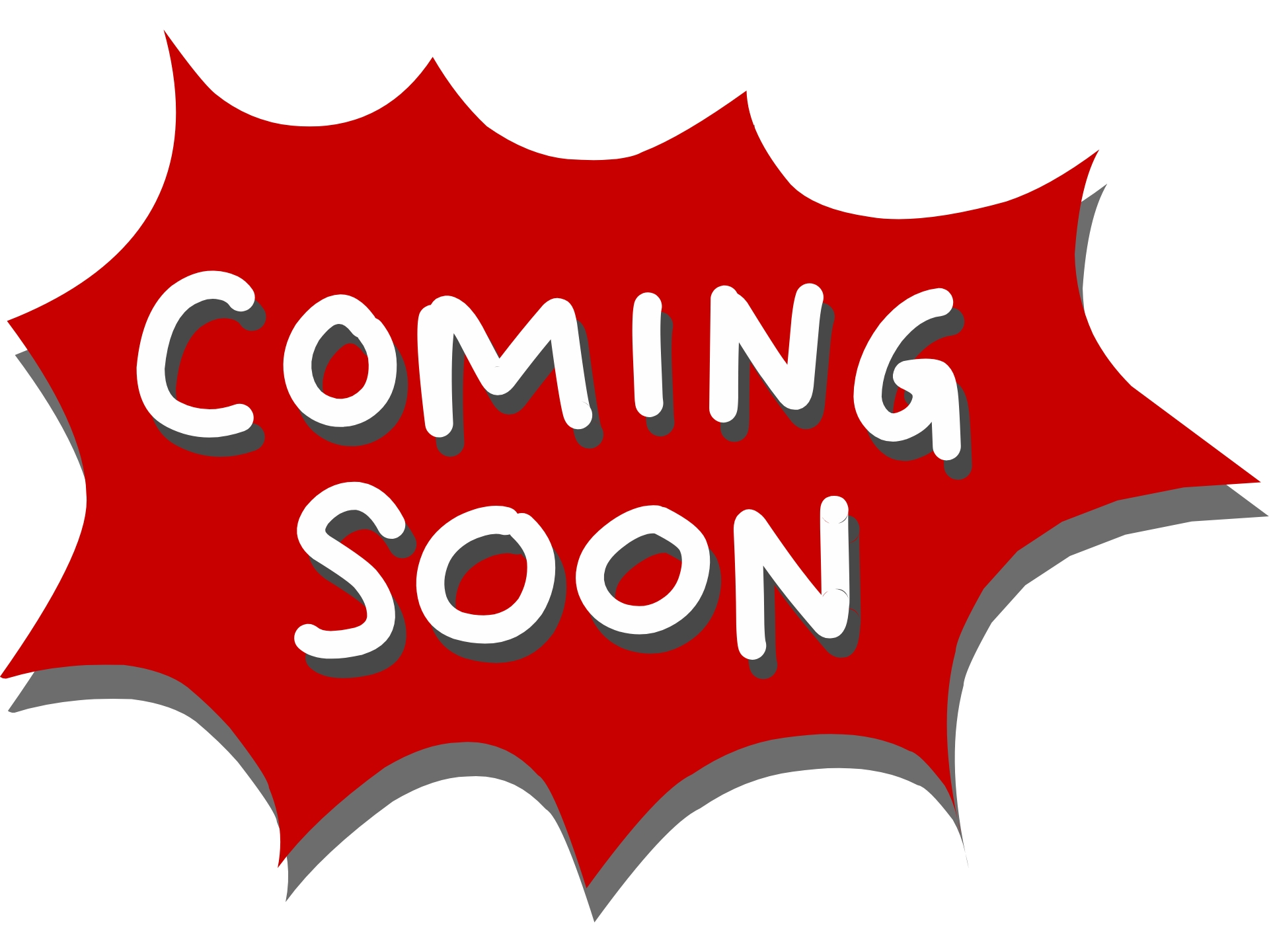 Red starburst sign with white text reading “COMING SOON”