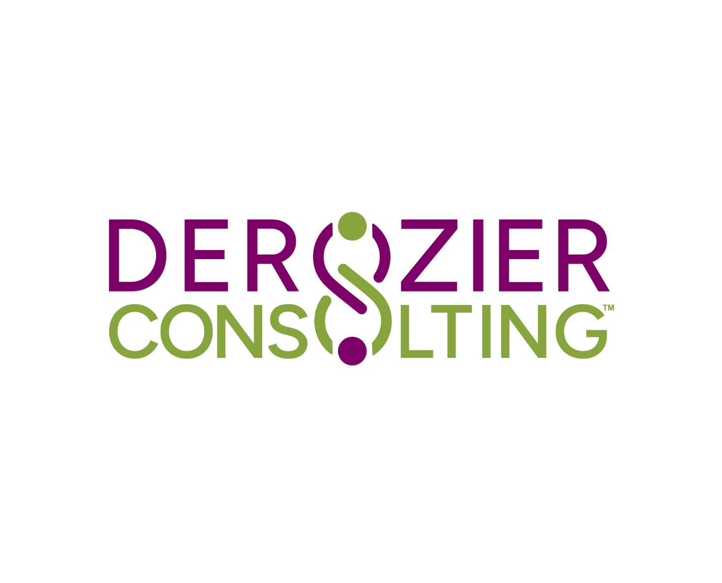 Derozier Consulting logo in purple and green with stylized figures intertwined in the center