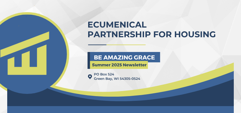 A blue and yellow sign that says ecumenical partnership for housing  for the 2025 Summer Newsletter