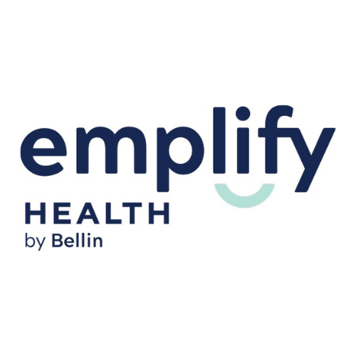 Emplify Health by Bellin logo in navy blue with a teal smile mark on a white background