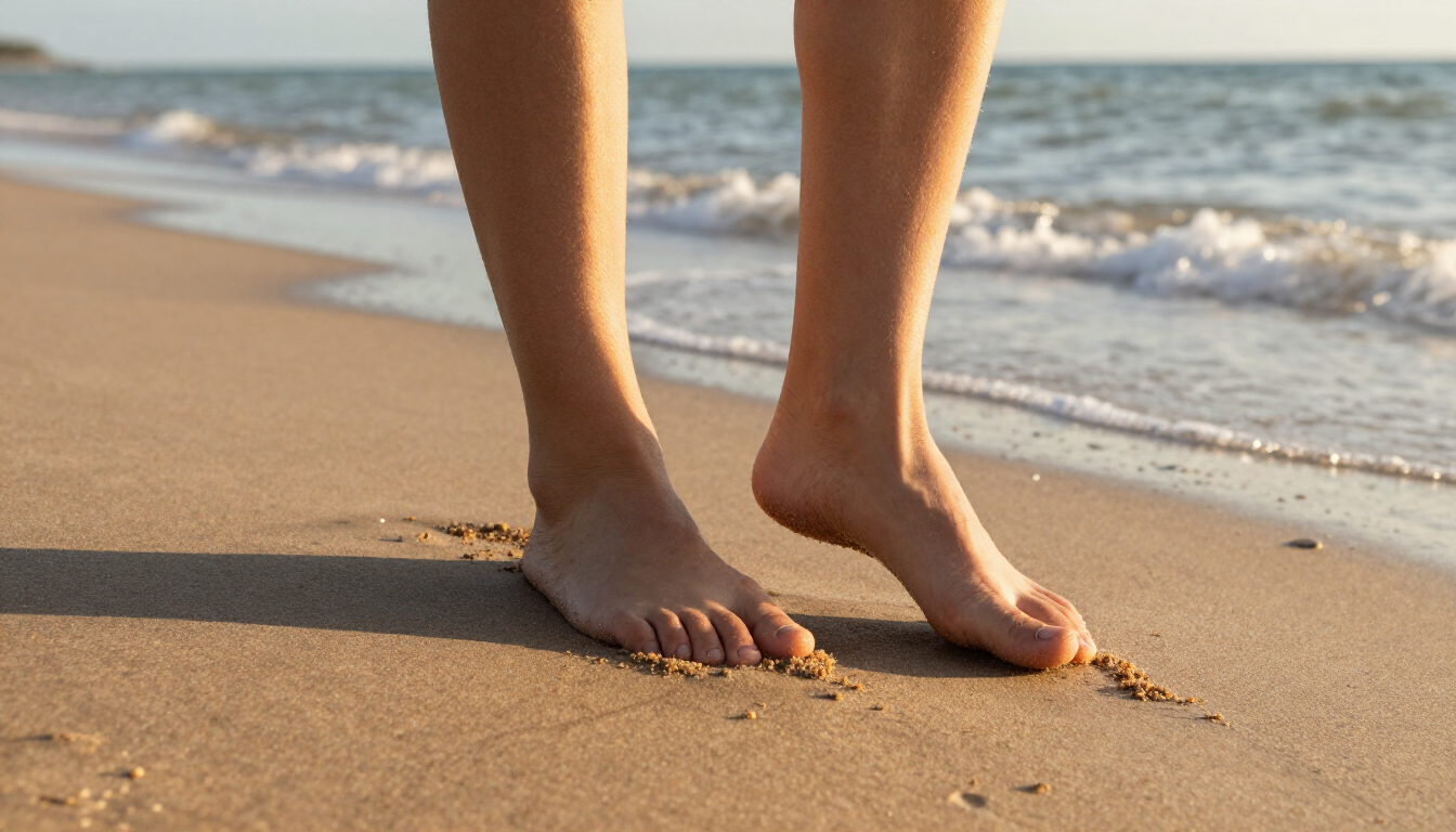 Feet walking on a sunny beach during summer.